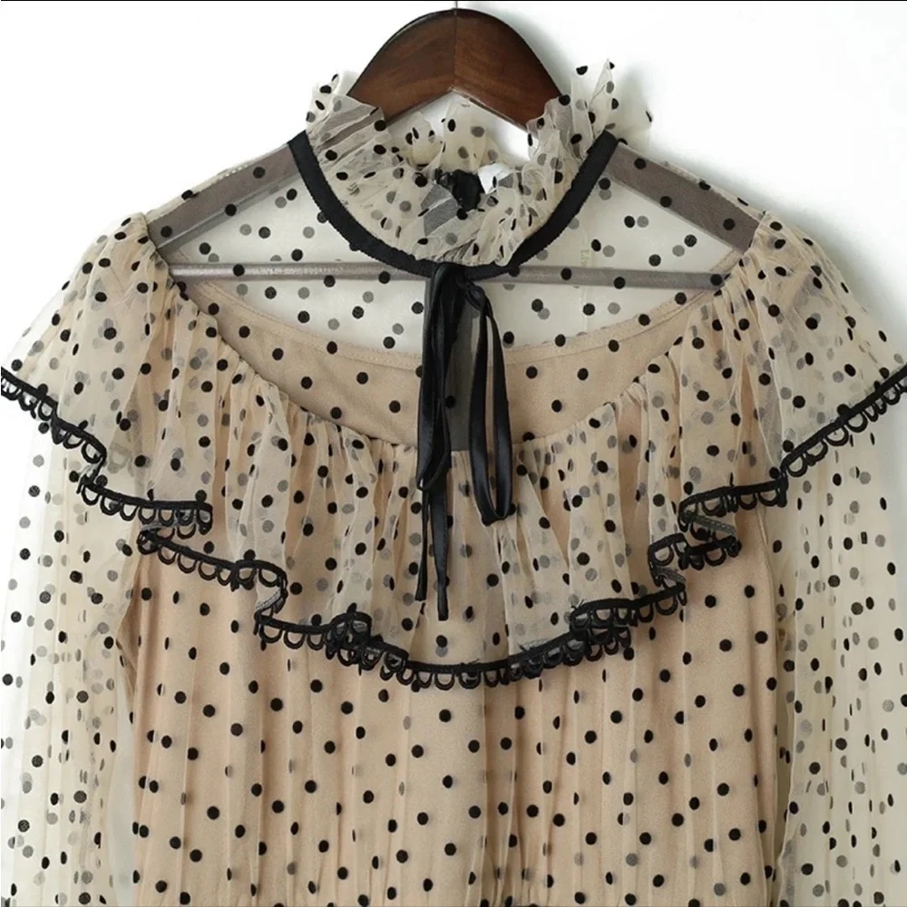 One Piece Lady Polka Dot Bow Ruffled Long Sleeve Mesh Dress - Picture 5 of 5